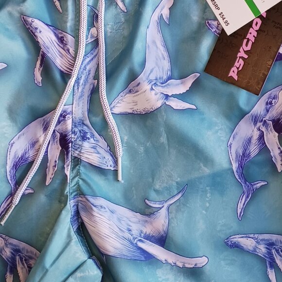 Psycho Tuna Humpback Whales Mens Large Swim Shorts Aqua Drawstring Pockets - Picture 8 of 8
